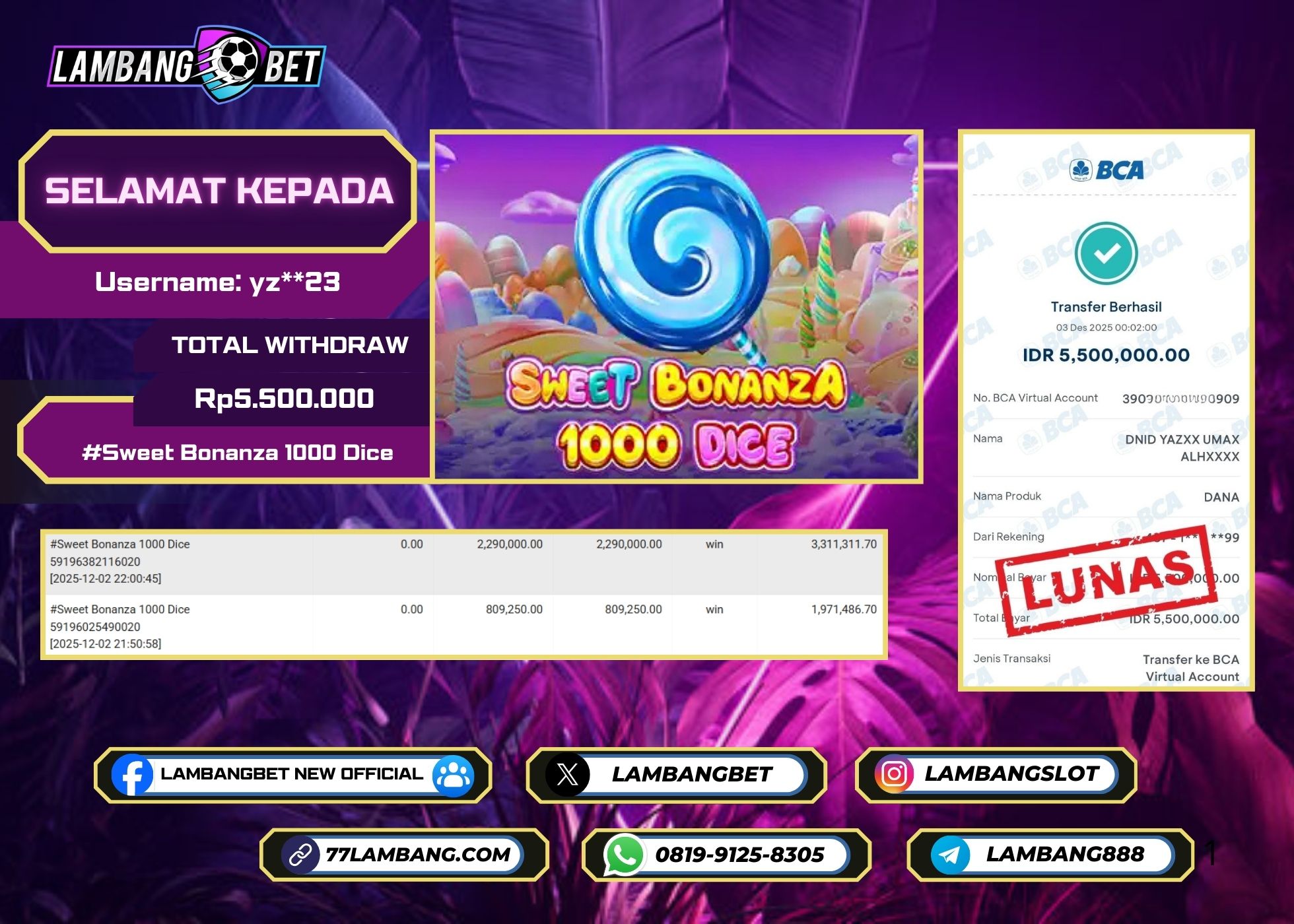 LAMBANGBET [3 DESEMBER 2025] JACKPOT SLOT Sweet Bonanza 1000 Dice "Rp5.500.000" LUNAS